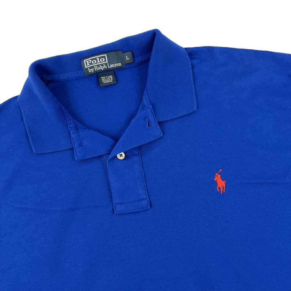 Mens Polo Ralph Lauren Short Sleeve Polo Shirt Sz L Blue Orange Pony Cotton Mets